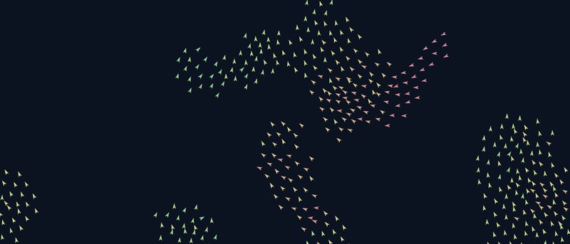 A flock of coloured arrow-shaped birds swirling in loose groups across a night sky