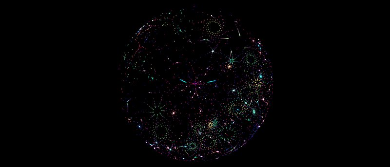 The Bubble Universe in full colour: an orb of glowing, tangled strands on black
