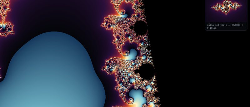 A deep zoom into the Mandelbrot set: a dark bulb ringed with fiery spirals