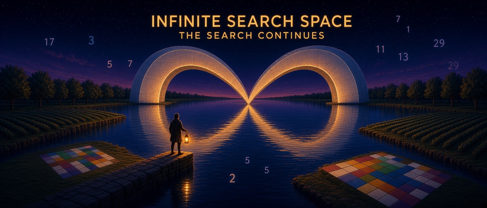 Poster: a lone explorer on a cliff looks out over an endless ribbon of numbered tiles curving into a night sky with a crescent moon, under the words Infinite Search Space